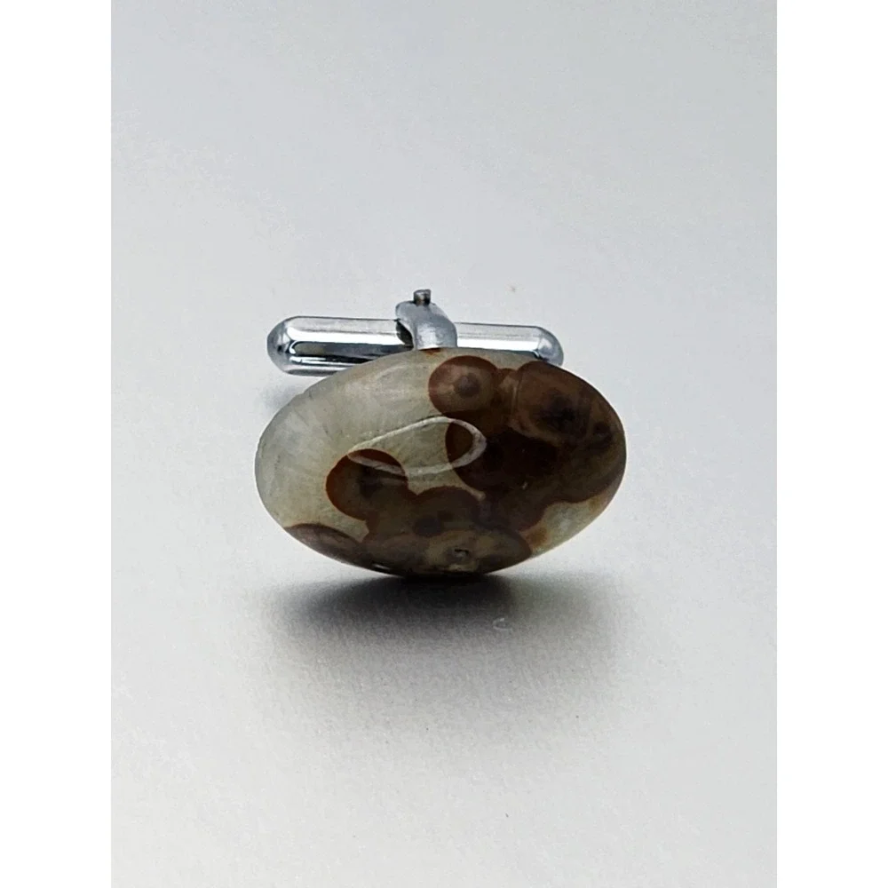 Vtg AGATE W/ FOSSILS Cabochon Men's Tie‎ Bar Clip & Cufflinks Set FREE $HIPPING!